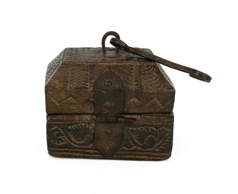 17th-century style carved oak hanging casket with iron hinges, hasp, staple and hook. 14cm x 11cm x 11.5cm plus staple and ho