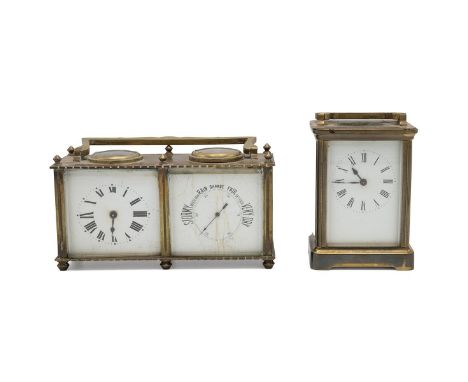 Brass carriage clock stamped R &amp; Co Paris and a brass clock/barometer combo with compass to the top.