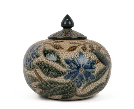 Louisa J Davies for Doulton Lambeth, a bowl of flattened sphere form and cover with acorn shaped finial. Decorated with blue 