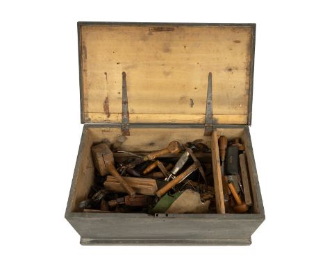 Large 19th century pine carpenter's chest, with a comprehensive collection of tools.