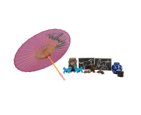 Oriental artefacts to include: 2 x Sonan Woodblock Japanese Prints of Horses; a prunus Ginger Jar; a pair of Dogs of Fo; 2 x 