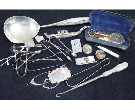 A Malay white metal rice spoon and a quantity of small silver and metal items, including an envelope stamp holder, a cigar cu