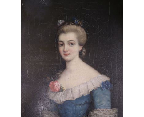 late 18th century English Schooloil on canvas,Portrait of a lady, stretcher inscribed 'Madame de...'36 x 30cm unframed.