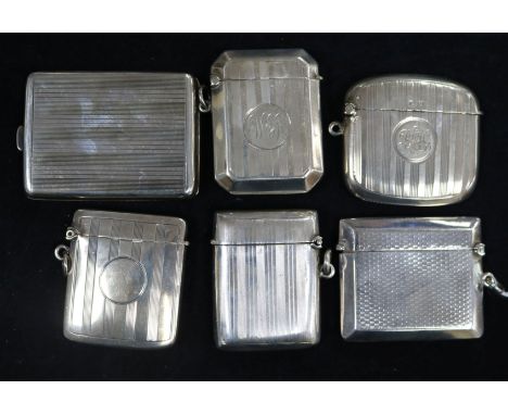 Six engine-turned silver vesta cases, various, total 5.5oz approx