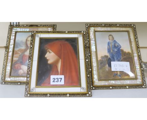 Three miniatures, mother of pearl decorative frames