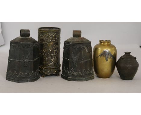 A Japanese bronze vase, a brush pot, two Burmese bells and a vase