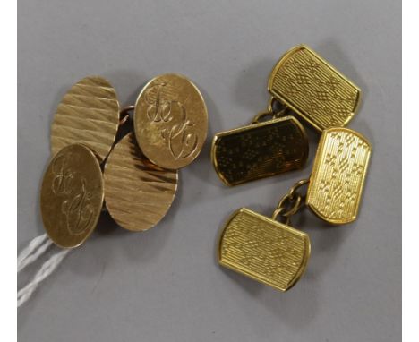 A pair of 18ct gold oval cufflinks, initialled 'DCB', 4.6gr and a pair of engine-turned 9ct gold cufflinks, 10.8gr