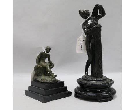 After the Antique, a 19th century bronze classical standing female figure and a figure of Hermes seated on a rock