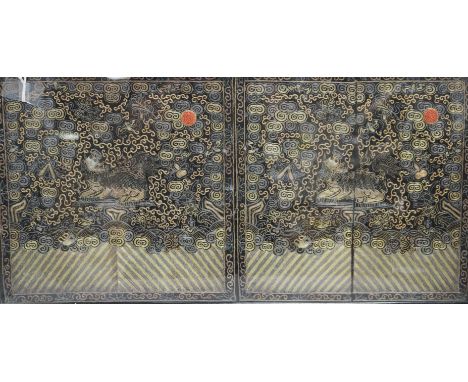 A pair of Chinese embroidered silk rank badges embellished with coral, framed