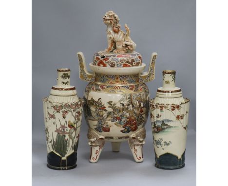 A Japanese Satsuma two handled dragon lidded koro, and a pair of lamp bases