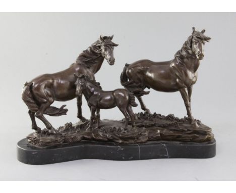 A modern bronze group of a stallion, mare and foal, on marble plinth, length 16in.