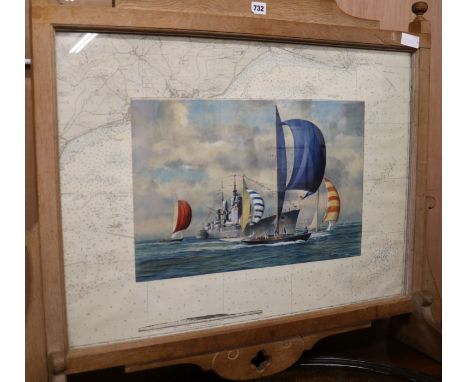 An oak framed firescreen inset with a marine watercolour, W.102cm