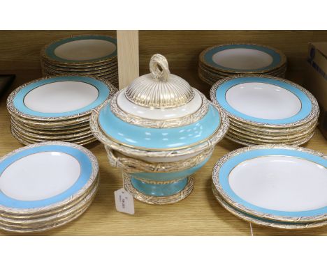 A Victorian Royal Worcester part dinner service, turquoise-banded, with 'tied laurel' borders heightened in gilt, comprising 