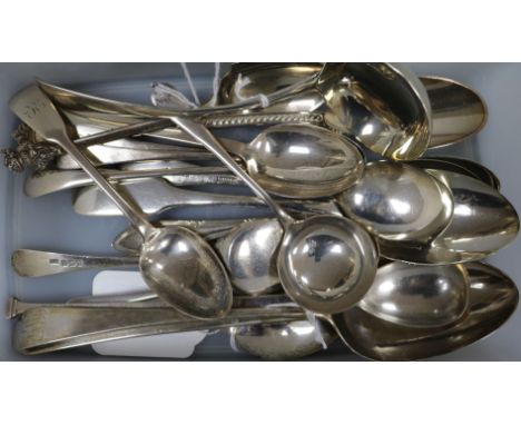 18 silver spoons, including a pair of Georgian tablespoons, a sauce ladle, preserve spoons, teaspoons, etc, and one plated sp