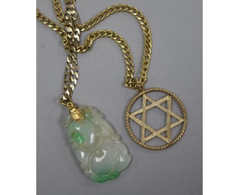 A 9ct gold Star of David pendant on 9K gold chain and a jade pendant on 9K gold chain, the pendant carved with a small monkey