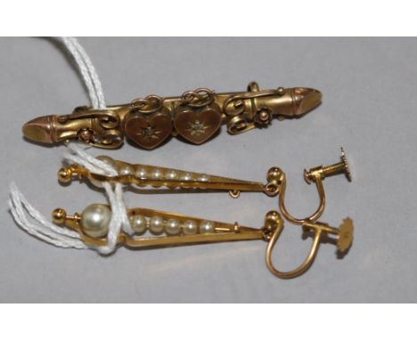 A pair of 9ct gold and simulated pearl drop earrings and a 9ct gold twin hearts bar brooch.