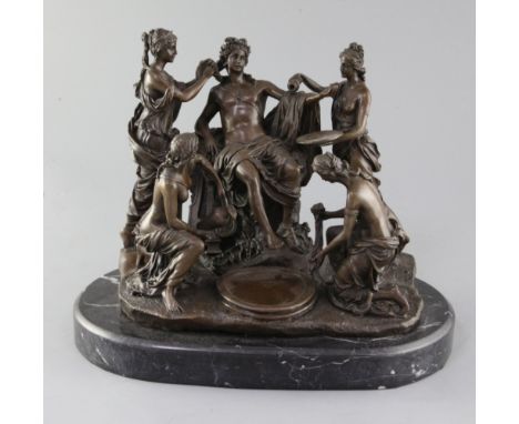 M. Mercie. A bronze group of a classical youth with female attendants, on marble plinth, width 12.5in.