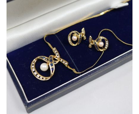 A modern Italian Uno a Erre 18ct gold sapphire, diamond and cultured pearl necklace and pair of matching earrings.