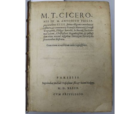 Cicero - M.T. Ciceronis in M. Antonium Philippicae Orationes ..., calf, front board detached, Vascosan, Paris 1544