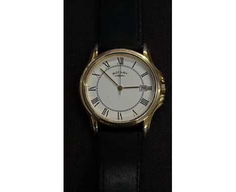 Gents Rotary Gold-tone wristwatch with a black leather strap, Roman numerals, and a date window at 3 o'clock. The back is mar