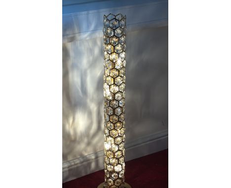 Tall floor lamp with hexagonal crystal design and gold metal frame, from the Mid-Century Modern style.