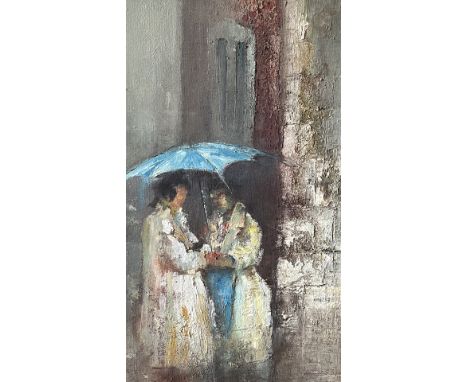 Oil painting depicts two figures under a blue umbrella, in impressionistic style. It is signed by the artist and framed in go