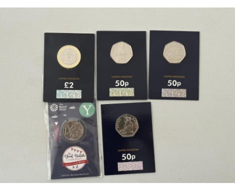 Change checker 50p's Gruffalo, Peter Rabbit & Flopsy Bunny, Change checker 2 pound coin, 150 years of the FA cup & 1 other 
