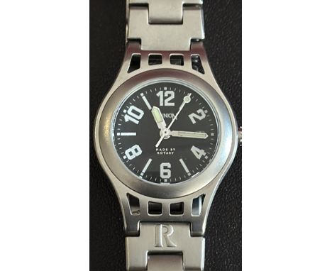 Mid size Rotary wristwatch features a stainless steel case and bracelet with a black dial and white numerals, model RM130BLK,