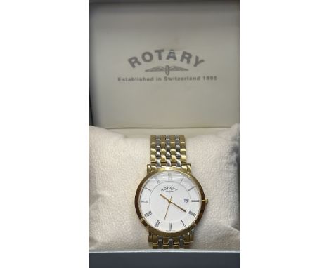 Gents Rotary wristwatch features a gold and stainless steel two-tone bracelet, white dial with Roman numerals, and a date win