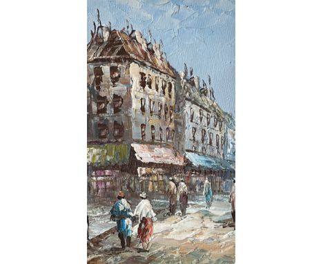 Oil painting of a bustling street scene with figures, signed "Burnier" in the lower right corner, framed in ornate wood.