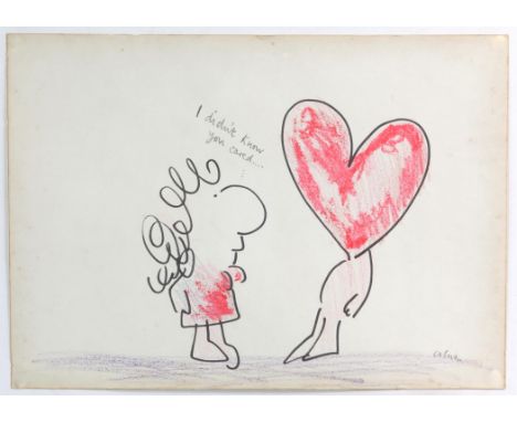 Attributed to Mel Calman (1931-1994), 'I didn't know you cared'. Pen and pastel cartoon drawing. Signed in pencil lower right