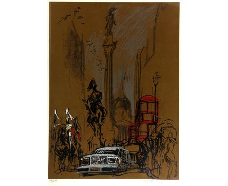 After Folix Topolski, London landmarks. Limited-edition print. Signed and numbered 38/200 in pencil to margin. Framed and gla