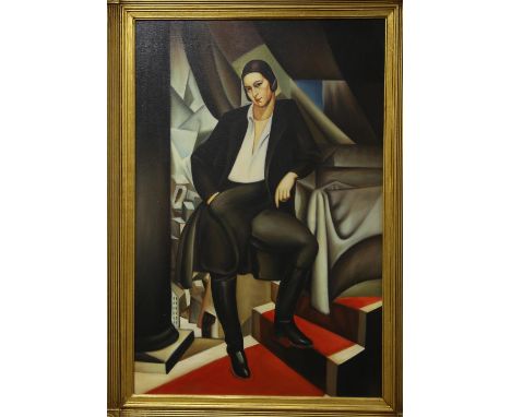 Oil on canvas painting after 'Portrait of the Duchess de la Salle' (1925) by Tamara de Lempicka (Polish, 1898-1980), 89 x 59c