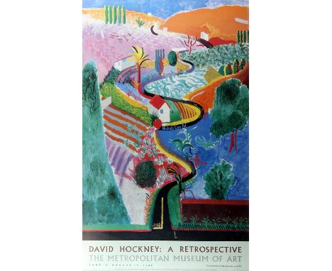 Exhibition poster for 'David Hockney: A Retrospective, Metropolitan Museum of New York, June 18 - August 14, 1988'. Framed an