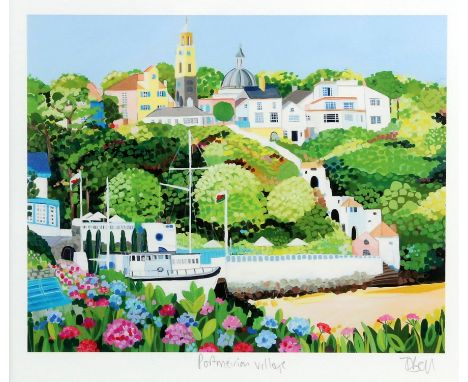 Janet Bell (British, contemporary), 'Portmeirion Village', lithograph, signed and titled in pencil to margin, framed and glaz