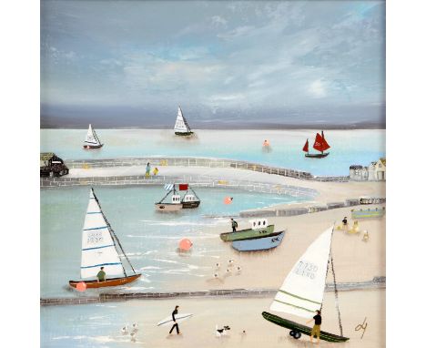 Lucy Young (contemporary), 'Set Adrift'. Oil on canvas. Signed and titled in pencil verso. Framed. Image size 29.5 x 29.5cm. 