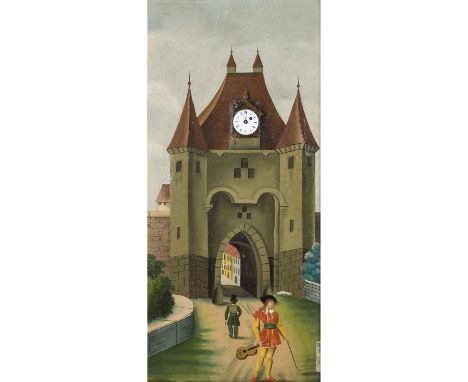 BILDERUHR „Torturm in der Stadtmauer“, Mitte 19. Jh., Öl/Leinwand, im Turm eine Uhr mit Aufzugswerk. HxB: 87/46,5 cm (mit Rah
