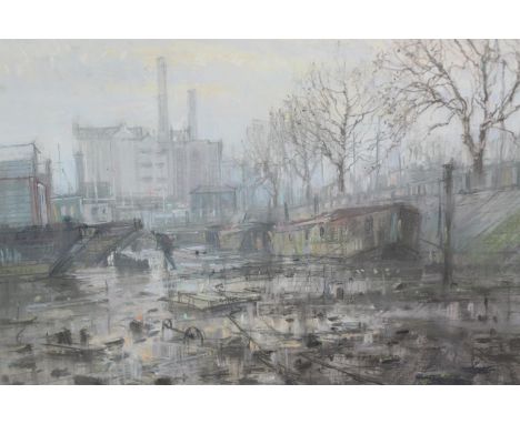 Ian Hay, a pastel mixed media work depicting a barge. H.54 W.70cm. 