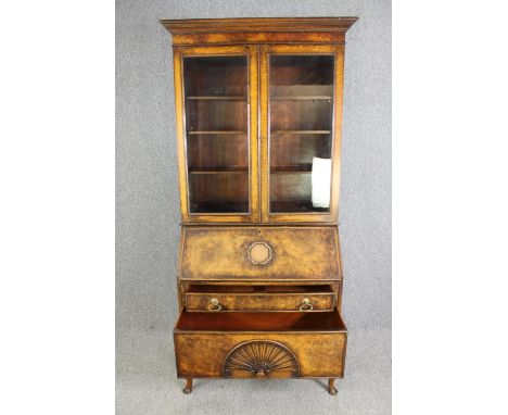 A Queen Anne style walnut and oak bureau bookcase, first quarter 20th century. H.214 W.92 D.50cm. 
