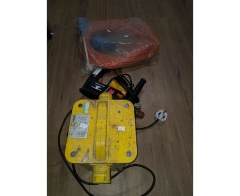 110V TRANSFORMER TOGETHER WITH A 110V HAMMER DRILL AND 110V EXTENSION CABLES