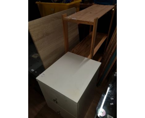 A PINE SHELF BEDSIDE DRAWS AND A FOLDING TABLE