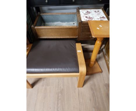 OAK TILE TOPPED WASH BASIN TOGETHER WITH LEATHERETTE SEATED FOOTSTOOL AND PLANT STAND