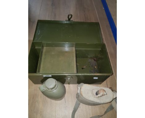 AMMUNITION CASE AND 2 VINTAGE ARMY FLASKS