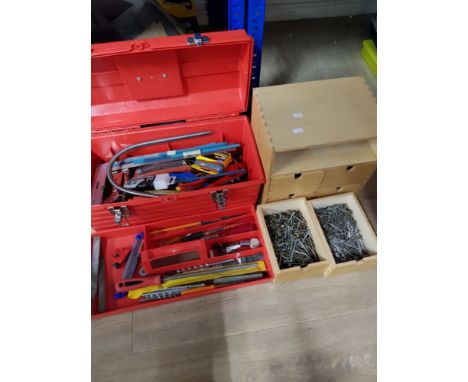 TOOL BOX CONTAINING A VARIETY OF HAND TOOLS TOGETHER WITH A LARGE QUANTITY OF SCREW BITS ETC