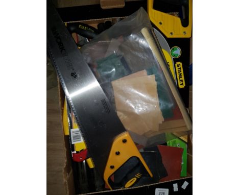 BOX CONTAINING A VARIETY OF TOOLS INCLUDING STANLEY HEAVY DUTY SAWS PLANES ETC