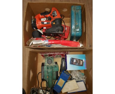 2 BOXES OF ASSORTED TOOLS INC BLACK AND DECKER JIG SAW ETC