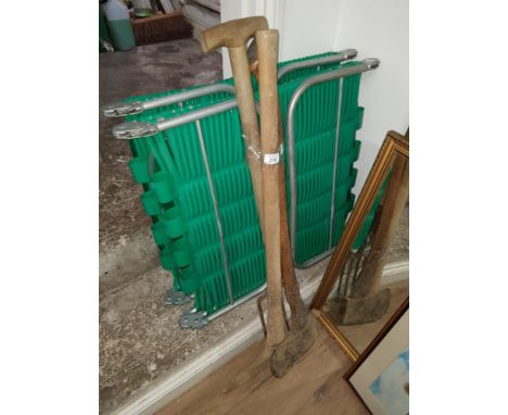 2 SUN LOUNGERS ASSORTMENT OF TOOLS INC AXE PITCH FORK ETC