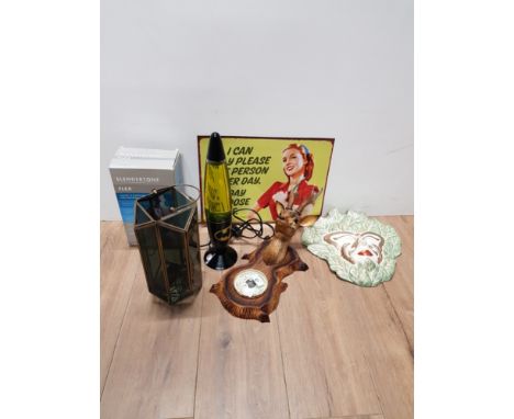 6 MISCELLANEOUS ITEMS INCLUDING DEER BAROMETER LAVA LAMP AND LANTERN ETC