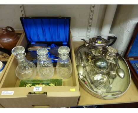 Edwardian cut crystal decanter, two others, gold plated dressing table set, pair Royal Crown Derby trinket dishes (boxed), si