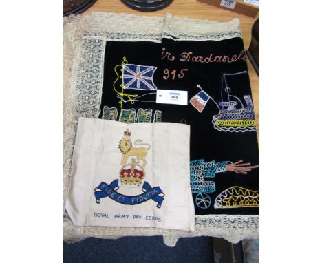 WW1 memorbilia - chain stitched embroidery on velvet 'Souvenir Dardanelles 1915' with lace border 125cm x 56cm and embroidere